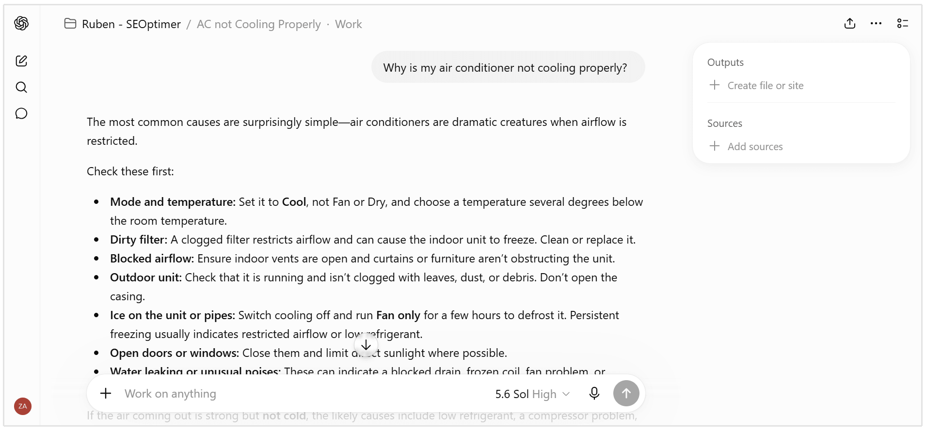 AC not cooling properly ChatGPT response